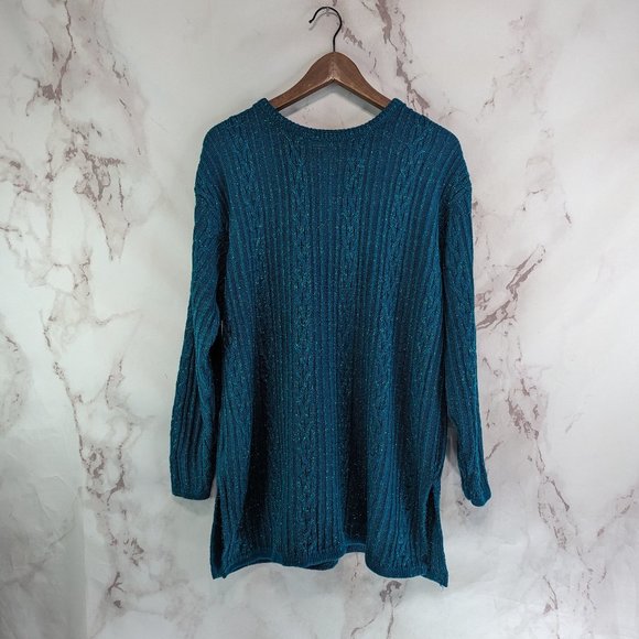 Diane Von Firstenburg Sweater Womens Large Teal Vtg Oversized Glitter Sparkle - Picture 1 of 11